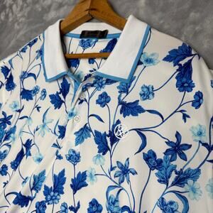 G/Fore G4 Golf Shirt Polo Sleeve Logo Floral Print Large Blue Polyester